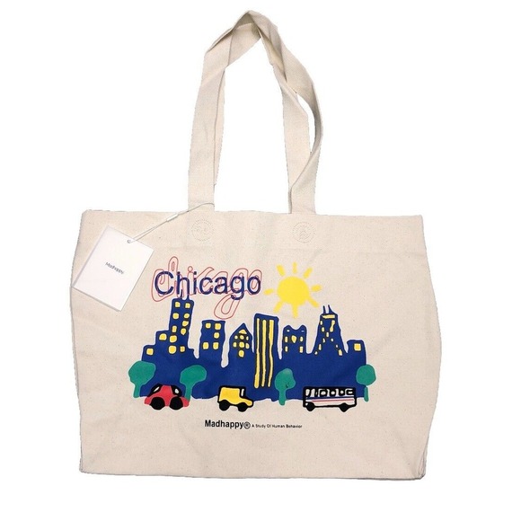 Madhappy Handbags - Madhappy Chicago Exclusive Wide Tote Bag City Skyline 20x15x5" Natural White NEW